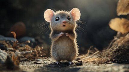 Obraz premium Adorable fluffy mouse standing still in sunlit forest with curious expression