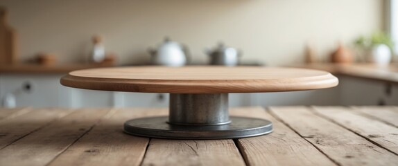 Obraz premium Empty round wooden tabletop with metal base on wooden table in a blurred kitchen setting