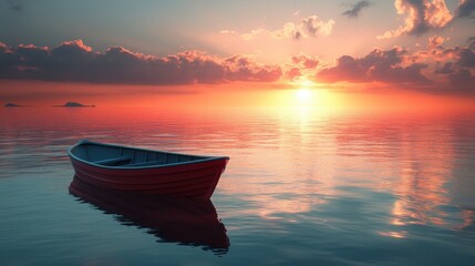 Fototapeta premium Serene red boat on reflective ocean with stunning sunset and clouds