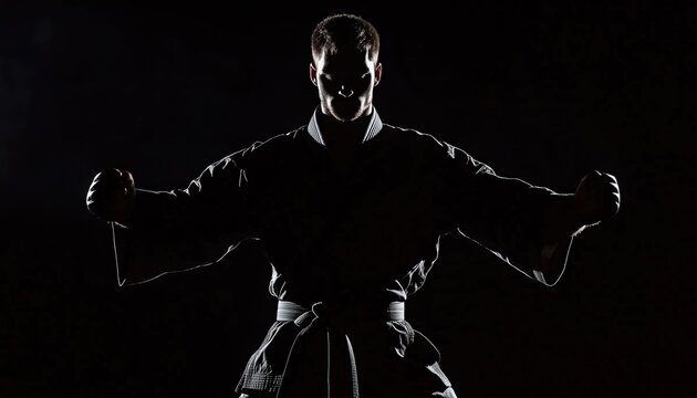 Silhouette Of A Caucasian Professional Taekwondo Fighter In Preparation For Battle With Low Key And High Contrast Effect