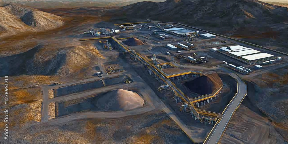 Poster Simulated aerial view of lithium mining operation in desert. Generative AI