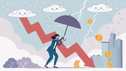 Business Struggles Concept: Woman Carrying Coins Amidst Falling Market Trends