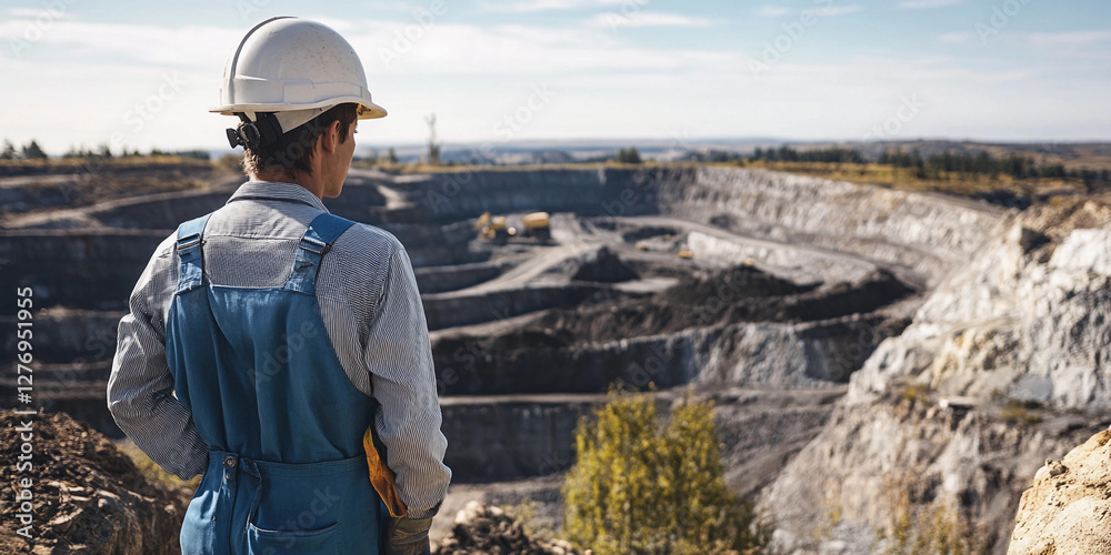 Aufkleber Worker in protective gear observes mining operations from the edge. Generative AI
