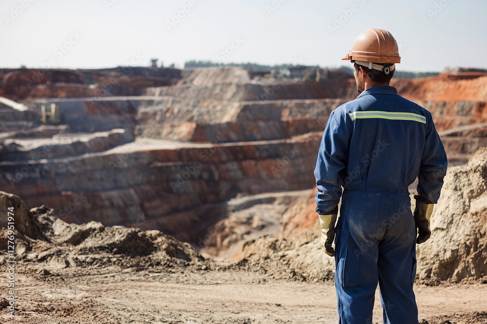 Fototapete worker in overalls and hard hat observing mining site. generative ai