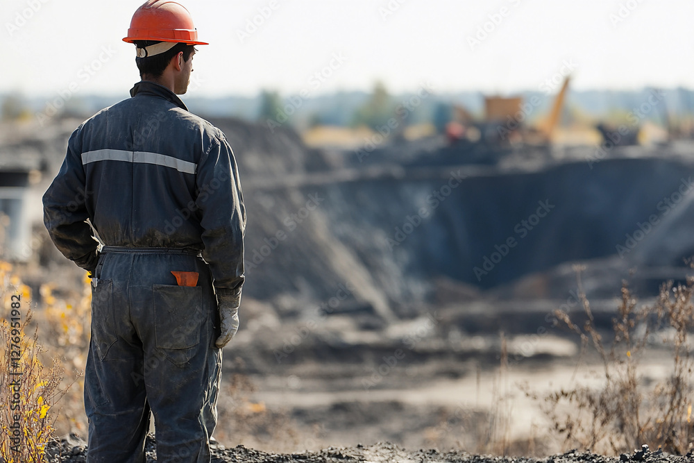 Poster worker in overalls and hard hat observing construction site. generative ai