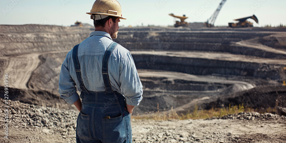 Aufkleber Worker in overalls and hard hat observes mining operation. Generative AI