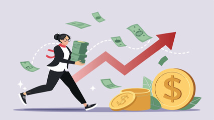 Business Struggles Concept: Woman Carrying Coins Amidst Falling Market Trends