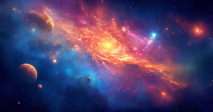 Vibrant Deep Space Nebula with Planets and Stars
