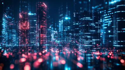 Obraz premium A cyberpunk-inspired futuristic city at night glowing with neon blue and red lights creating a high-tech and immersive digital urban environment 
