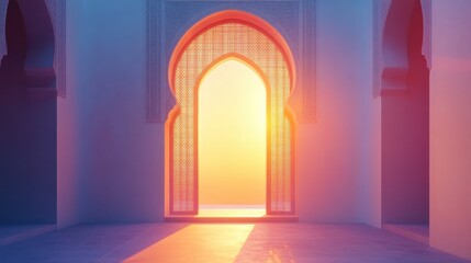 Fototapeta premium Serene Sunrise Through Intricate Archway in Tranquil Space