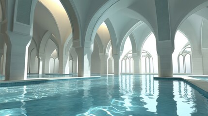 Serene Tranquil Indoor Pool Surrounded by Elegant Arches and Windows