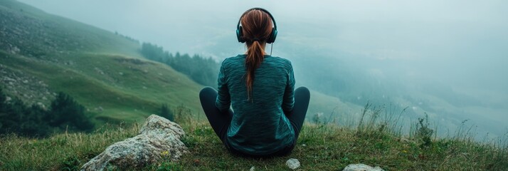 Serene Escapade: Woman in Headphones Immersed in Nature's Sounds atop a Foggy Mountain Island