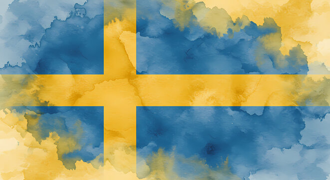 Sweden flag with yellow cross on blue and yellow cloudy background