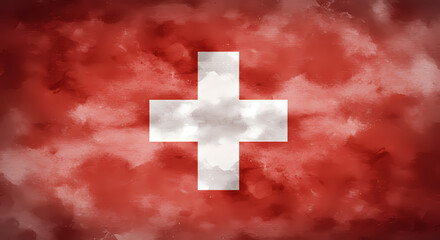 Fototapeta premium Swiss flag with red and white cross on cloudy background