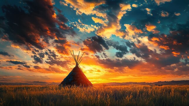 Stunning Stylized Sunset Over Prairie: A Realistic Hallucinogenic Landscape of Native American Lands