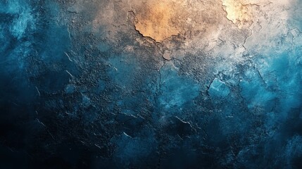 Textured abstract blue and gold wall with cracks and weathered surface