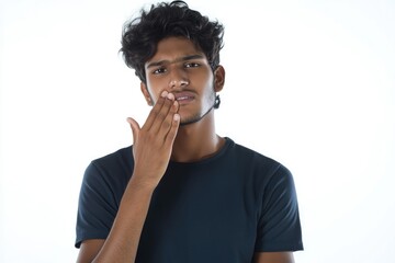 Young Man with Toothache Expressing Pain Against a White Background