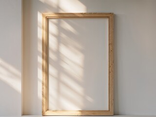 Vertical Wooden Frame Mockup with Sunlight on White Wall.