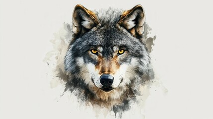 Obraz premium Majestic grey wolf portrait with intense gaze surrounded by watercolor splashes