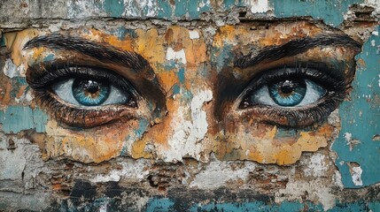Intricate street art of realistic eyes on weathered wall featuring complex colors