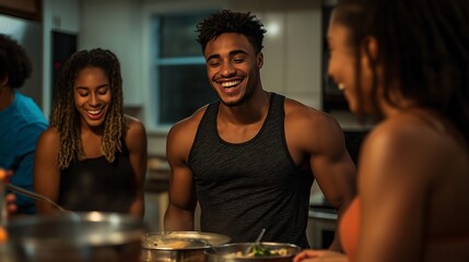Group of friends laughing together while preparing food in a kitchen setting