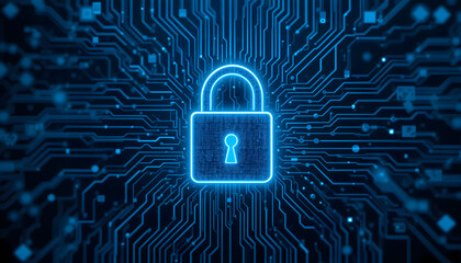 Cybersecurity Concept with Digital Lock and Circuit Board