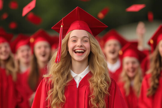 Happy graduates celebrate together at a commencement ceremony in bright red caps