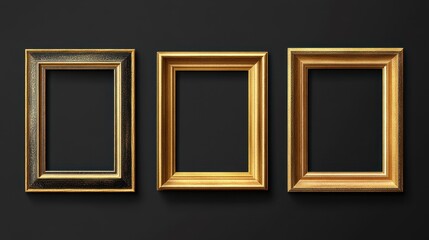 Three empty gold picture frames on dark wall in symmetrical arrangement