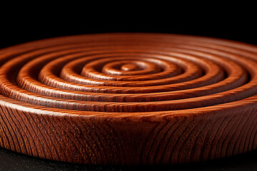 Naklejka premium Closeup of a richly hued, circular wooden coaster with a mesmerizing spiral design. The intricate grain and warm tones evoke feelings of natural beauty and handcrafted quality.