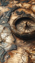 Fototapeta premium Vintage Compass on Antique Map – Old Navigation Tool Representing Adventure, Exploration, and Historical Travel in a Classic Retro Style