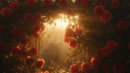 Fototapeta premium Beautiful Sunlit Garden Archway Surrounded by Red Roses Blossoms