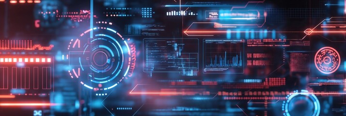 futuristic digital interface with glowing holographic panels in vibrant red and blue overlaying abstract data screens concept of technology, software, cybersecurity