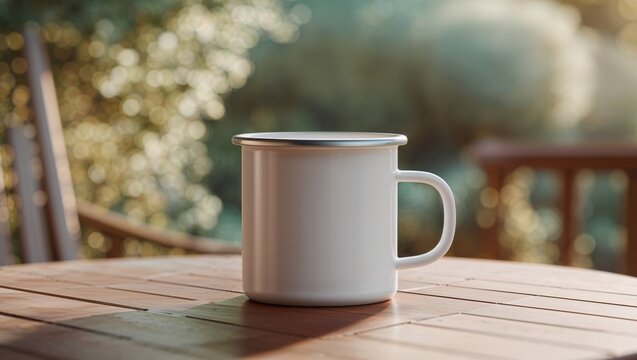 Plain White Enamel Mug Mockup on a Cozy Outdoor Table.