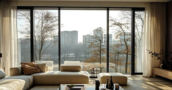 Modern minimalist living room with large windows and a city view, bathed in sunlight.