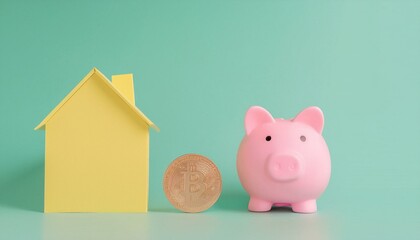 First home buyer concept. Piggy bank, house, and coin on a green background.