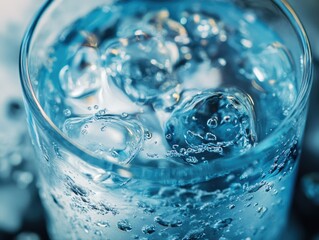Cool ice cubes in a blue glass with water droplets, highlighting thirst-quenching drink.