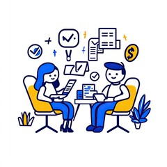 Business meeting at office. Two employees discussing plans. Workflow and teamwork concept