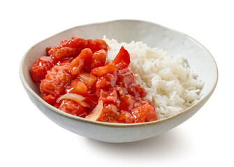 bowl of basmati rice with red sweet and sour chicken sauce