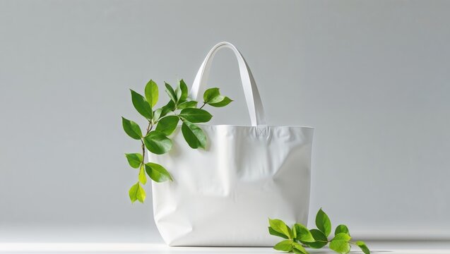 Simple White Tote Bag Mockup with Fresh Green Leaves