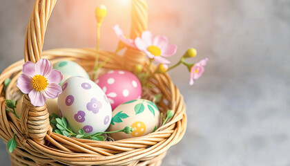Fototapeta premium Multicoloured pastel eggs in a wicker basket surrounded by bright spring flowers during a cheerful celebration of a bright Easter holiday
