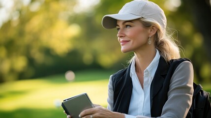 A relaxed businesswoman networking on a golf course