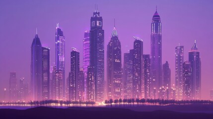 Fototapeta premium Purple-lit cityscape at dusk, modern skyscrapers, hazy skyline.