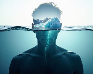 Iceberg concept of the subconscious mind's depth male silhouette portrait