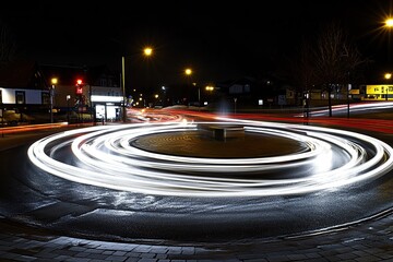 A roundabout with cars moving around in circles, creating an abstract and dynamic visual effect,