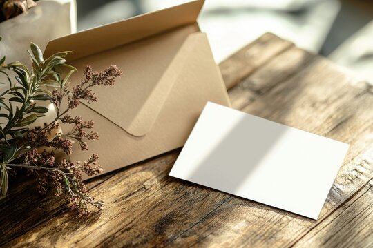Elegant business card mockup on wooden surface with envelope, warm lighting, and sharp focus showcasing a blank card