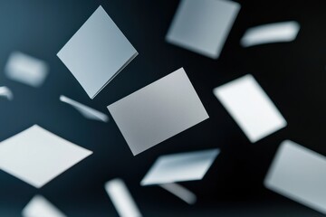 Floating white business cards in dynamic composition on a dark background showcasing creative branding mockup concepts