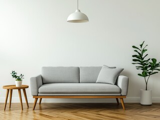 Contemporary home interior with a sofa, a side table, and wall decor.
