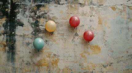 Vintage balloons against old wall, creating a nostalgic decorative scene.