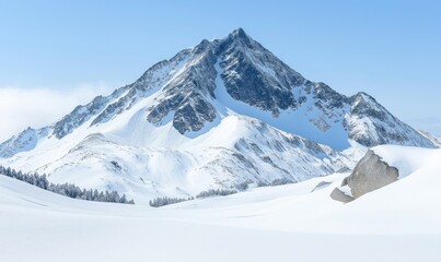 Snow blankets the majestic mountain peaks under a clear sky, creating a stunning winter landscape inviting exploration