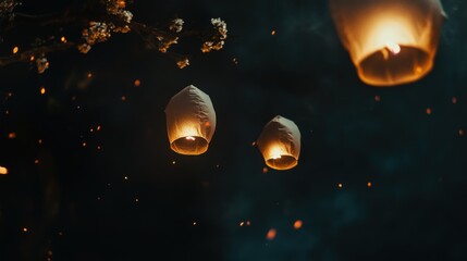Floating lanterns illuminate a dark sky with magical fireflies
